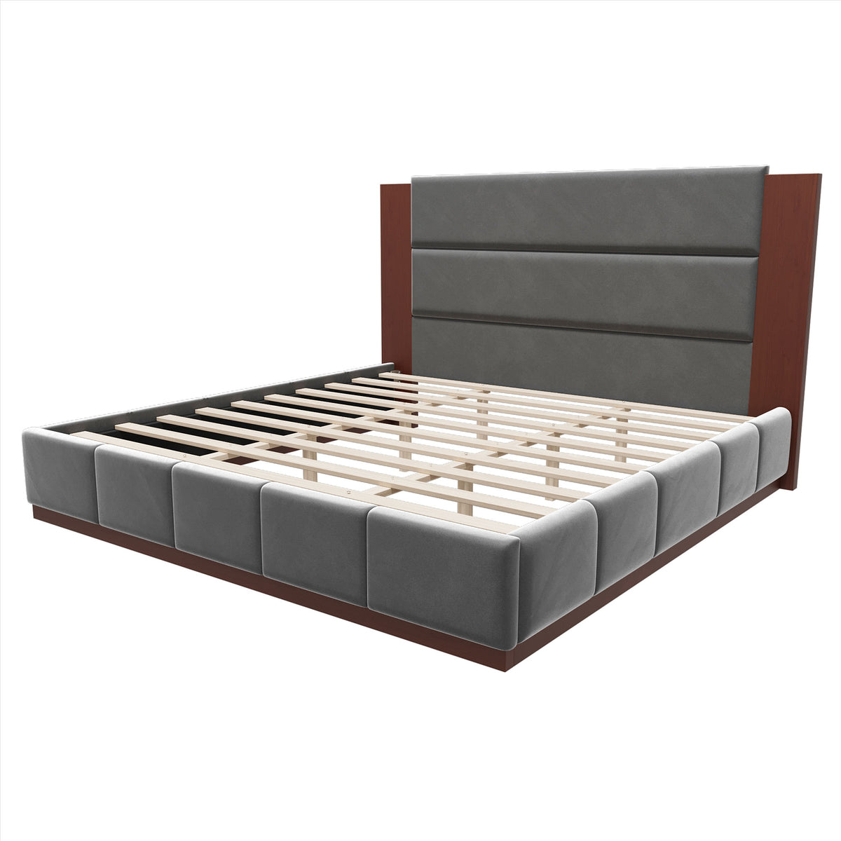 variant-group:rf-n701bs701p388105e|Roomfitters King Size Upholstered Platform Bed Frame, Extended Wood Headboard Velvet Bed, No Box Spring Needed, Grey