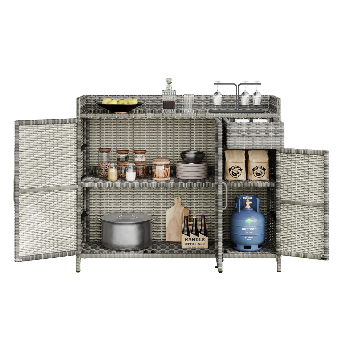 variant-group:rf-n707p233745g|Roomfitters 47.5" Wicker Outdoor Storage Cabinet, Rattan Bar Table with Glass Top, Adjustable Shelf, 3 Doors, Grey