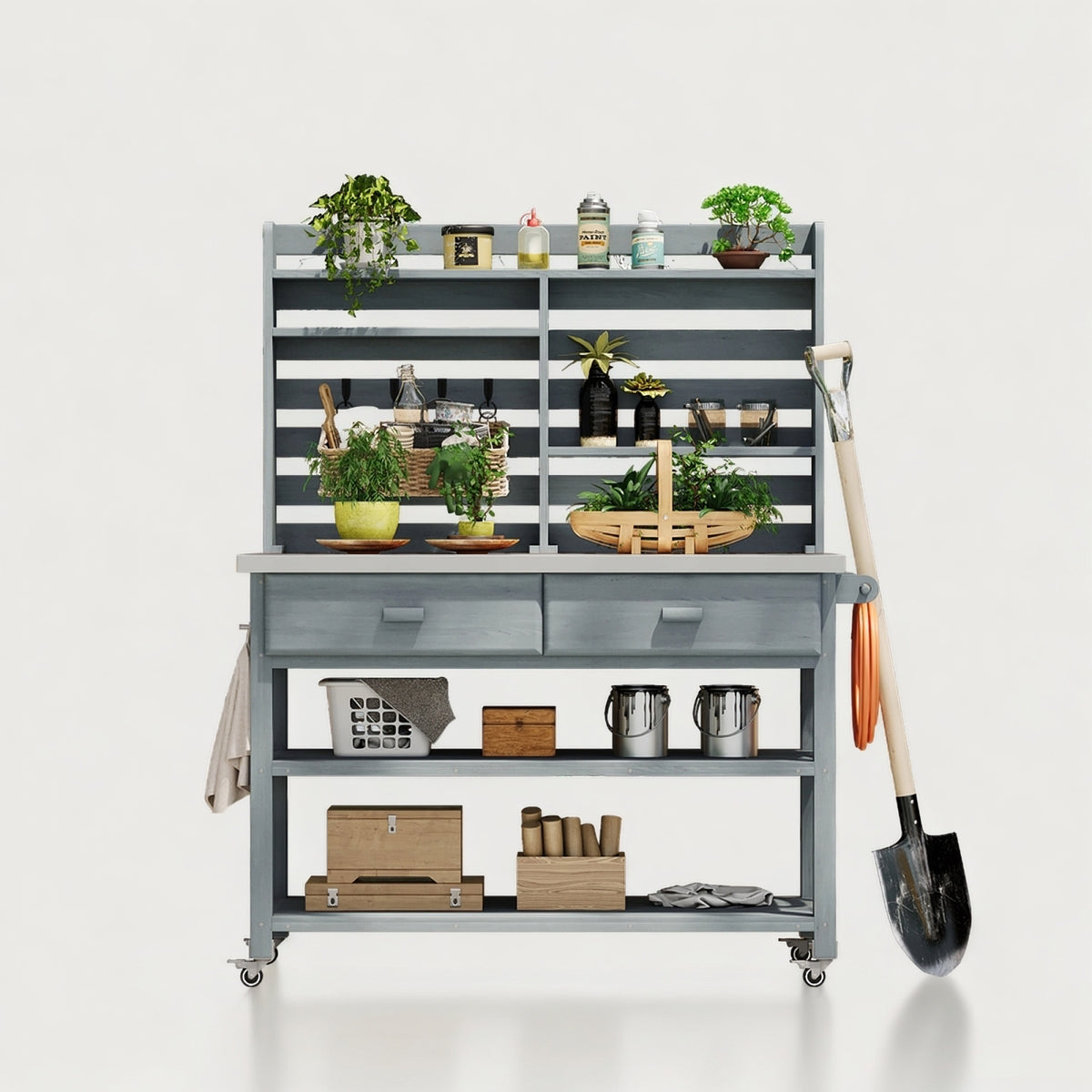 variant-group:rf-n707p228274g|Roomfitters 64.9" Outdoor Potting Bench Table, Rolling Kitchen Island with Hutch, Stainless Steel Top, Storage, Grey Blue
