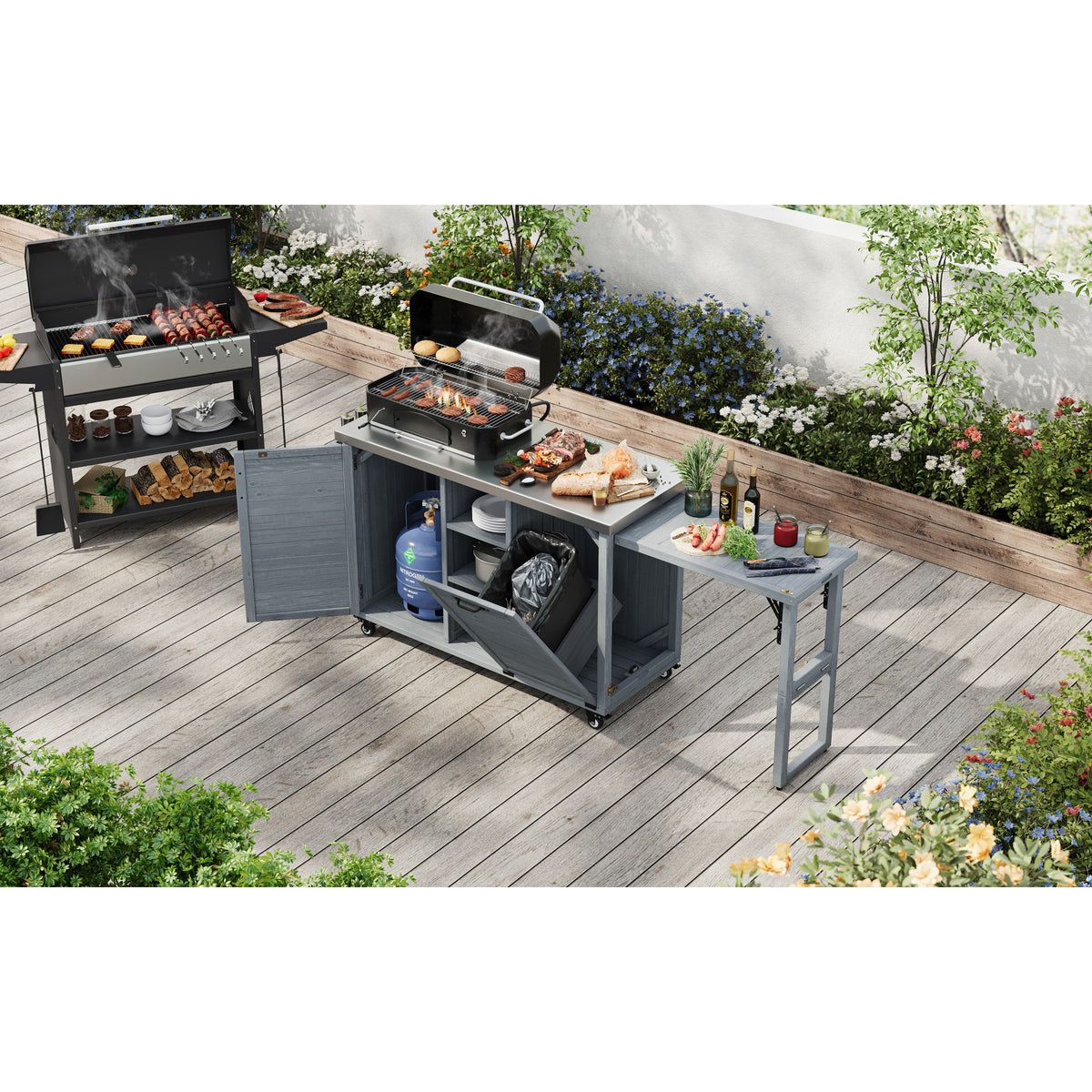 variant-group:rf-n707p370276g|Roomfitters 78.3" Outdoor Kitchen Island with Foldable Grill Table, Stainless Steel Top & Tilt Trash Can Storage, Grey Blue
