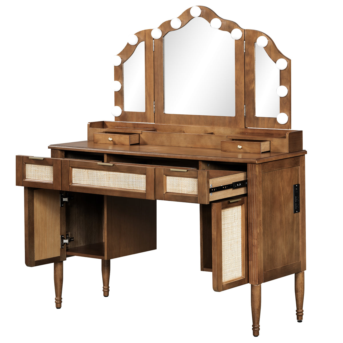 variant-group:rf-n704p342558p|Roomfitters 44-Inch Bohemian Makeup Vanity Desk with 13 Hollywood Bulbs Tri-Fold Mirror and Bamboo Drawers Espresso