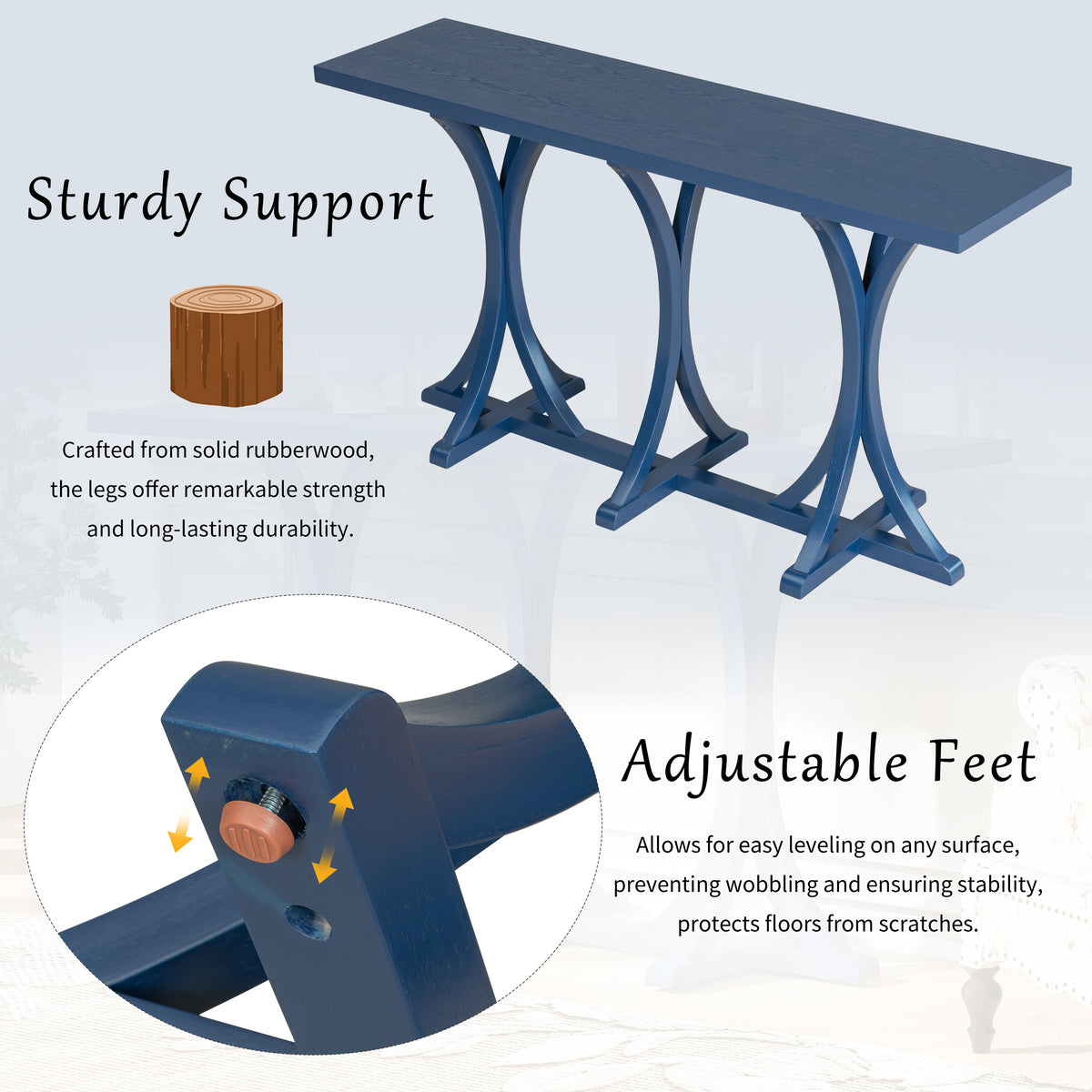 variant-group:rf-n711p295300v|Roomfitters 59.8" Console Table with Oak Veneer Top, Modern Arched Leg Entryway Sofa Table for Hallway & Living Room, Navy Blue