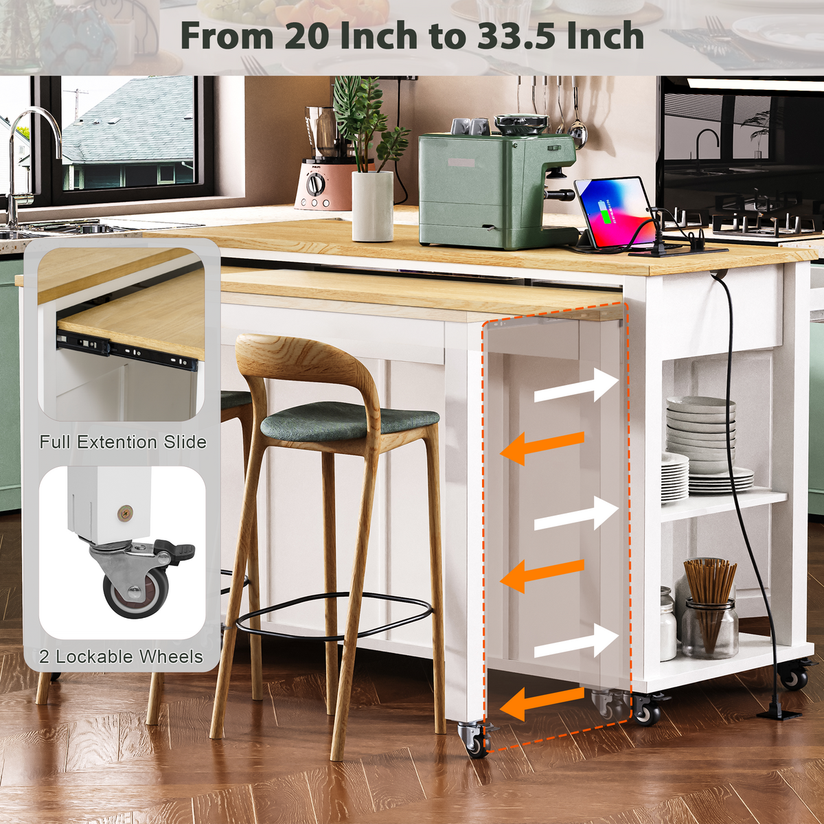 variant-group:rf-n707p215327w|Roomfitters 47" Kitchen Island with Extendable Dining Table, Storage Cabinet, Power Outlet, Rubber Wood Veneer, White