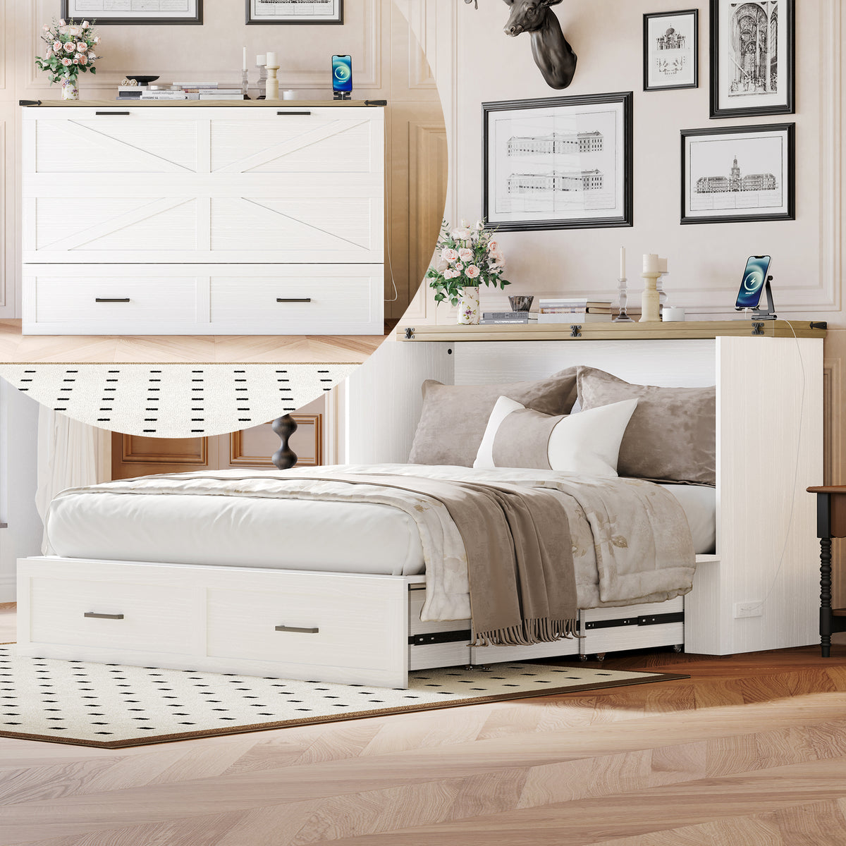 variant-group:rf-n733s361778w|Roomfitters Queen Farmhouse Murphy Cabinet Bed with Charging Station, Foldable Platform Bed with Storage Drawer, White