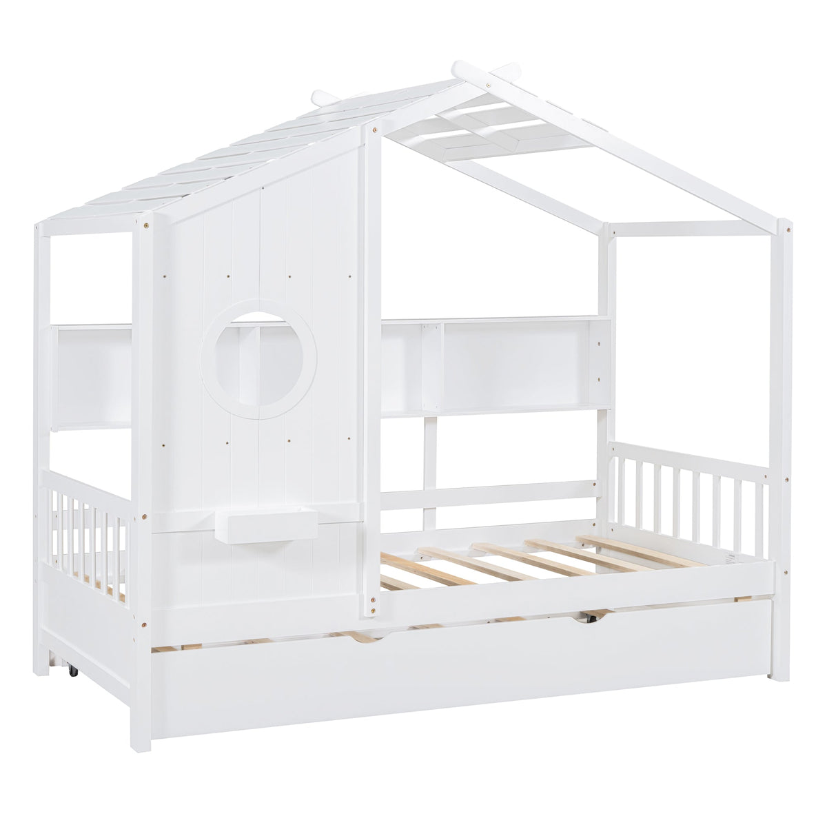 Roomfitters Wooden Twin Size House Bed with Trundle and Storage Shelf, White