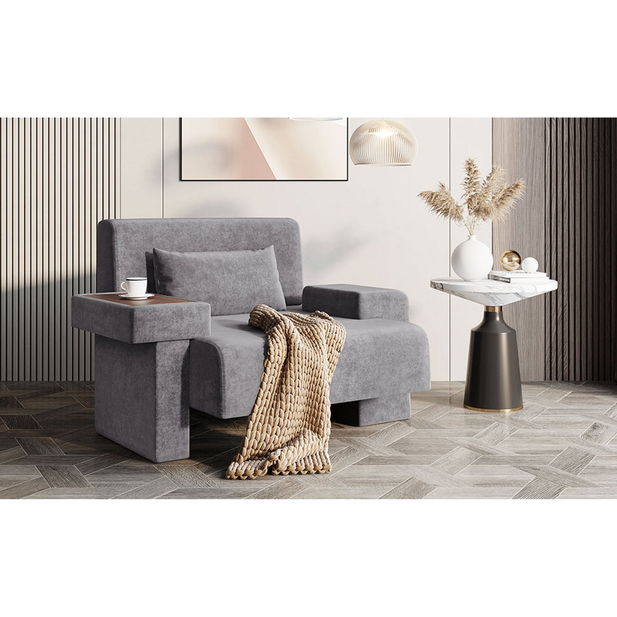 variant-group:rf-n724sj000130aae|Roomfitters Oversized Mid-Century Armchair 48” Wide with Soft Cushion and Wood Frame, Lounge Reading Chair, Gray