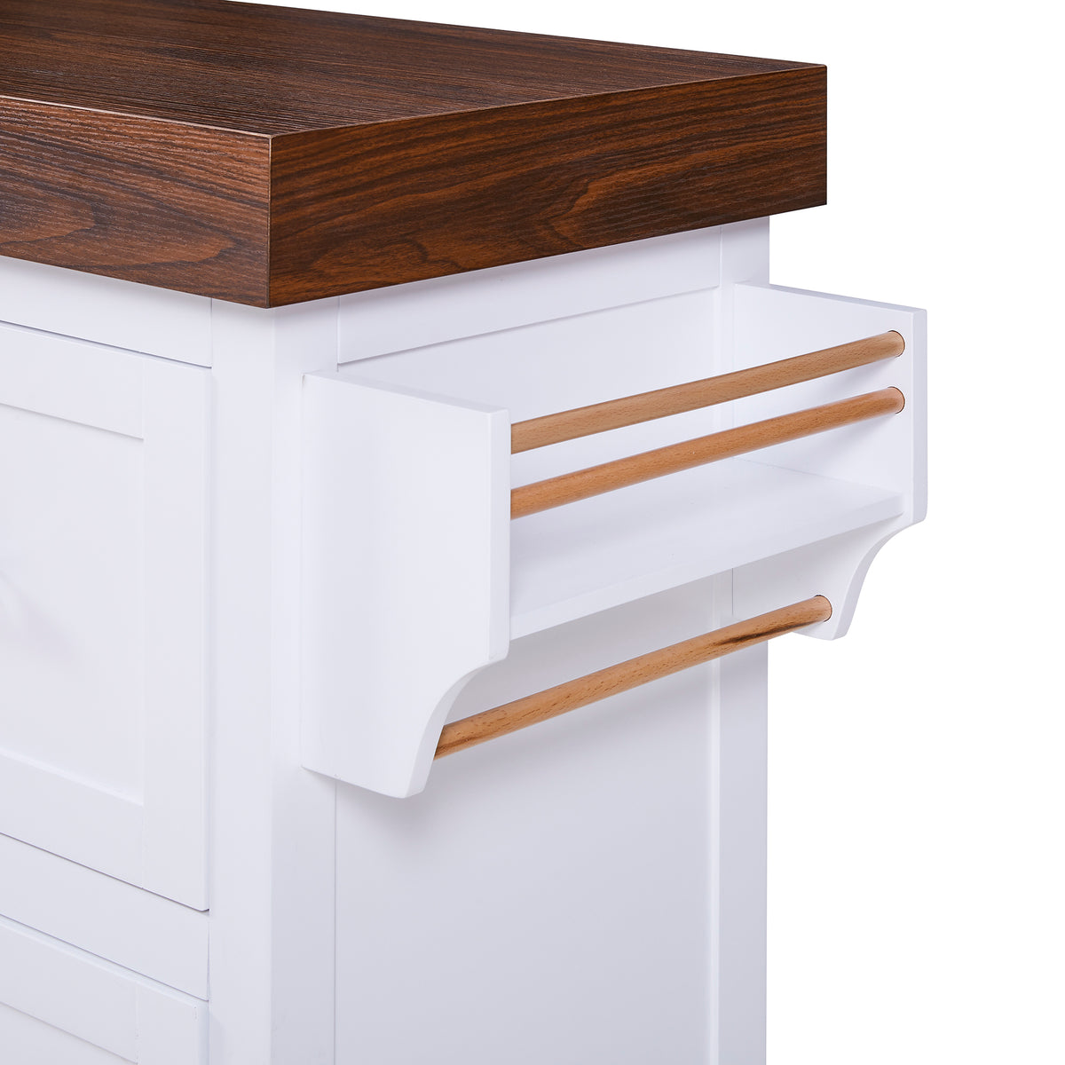 variant-group:rf-n707s000025w|Roomfitters 53" Kitchen Island with Butcher Block Top, Storage Cabinet with Drawers, Spice Rack and Towel Holder, White