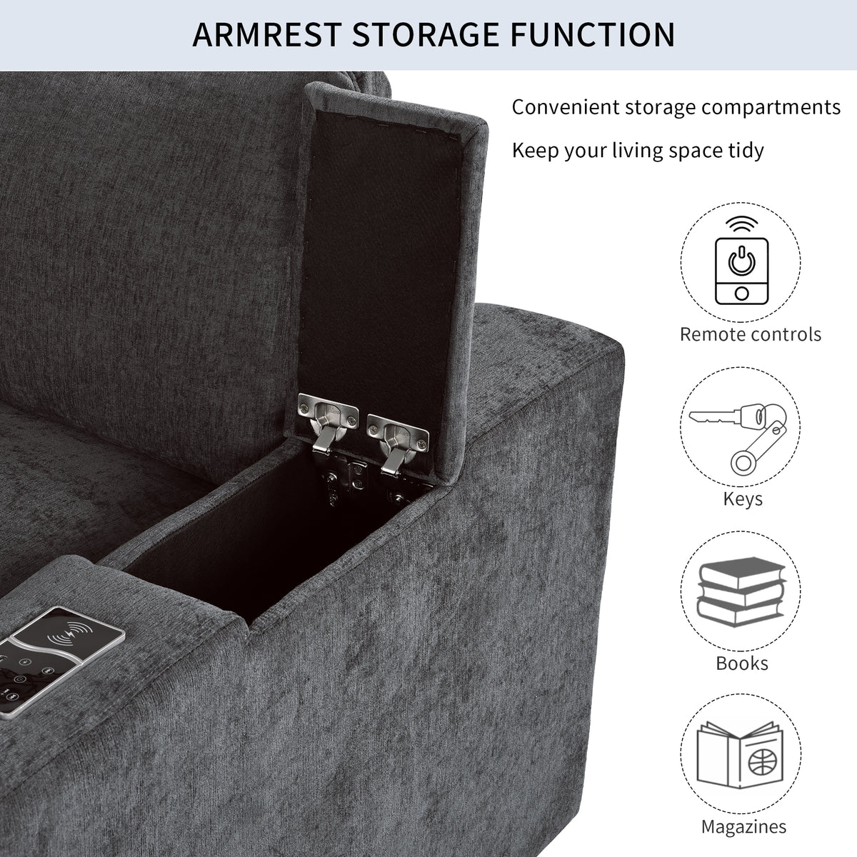 variant-group:rf-n711wy000413aae|Roomfitters Upholstered Modular Sofa with Storage Space, USB Charging Ports, Wireless Charging, Built-in Bluetooth Speaker, Sectional Sofa for Living Room and Apartment, Gray