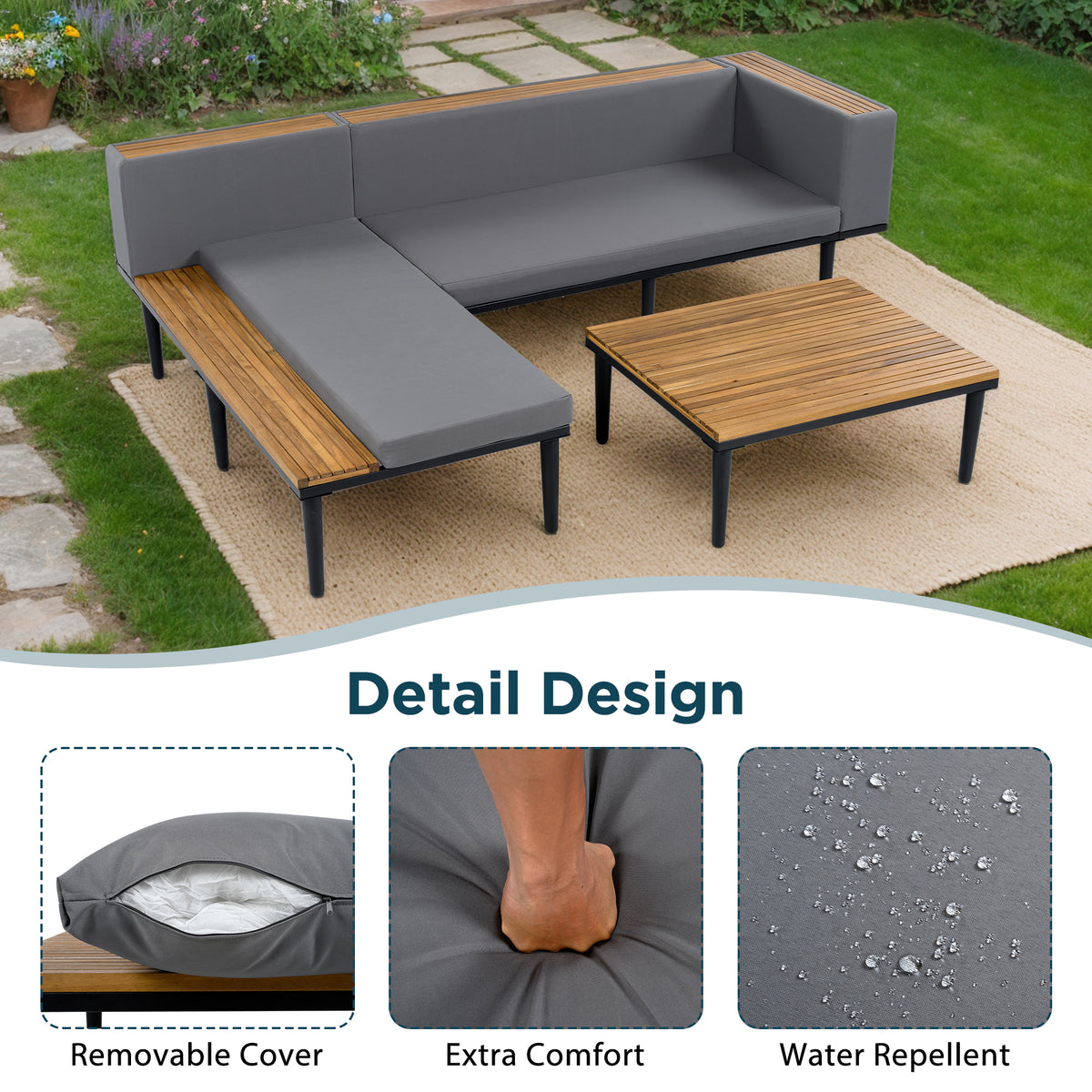 variant-group:rf-n704f201251e|Roomfitters L-Shaped Outdoor Sectional Sofa Set with Built-in Wood Side Tables and Coffee Table, Patio Conversation Set, Gray
