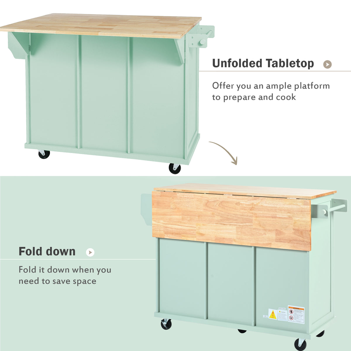 variant-group:rf-n707wf298028aae|Roomfitters Kitchen Cart with Rubber Wood Drop-Leaf Countertop, Cabinet Door Storage Racks, 5-Wheel Kitchen Island with Storage Cabinet & 3 Drawers, Mint Green