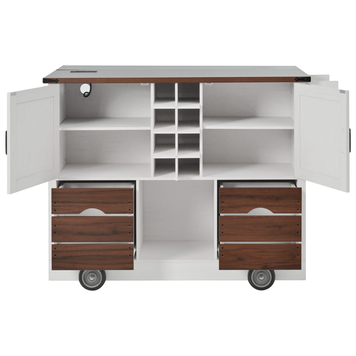 variant-group:rf-n707p349814w|Roomfitters 54" Farmhouse Kitchen Island with Drop Leaf, Power Outlet, Wine Rack, 2 Drawers, 2 Doors, White
