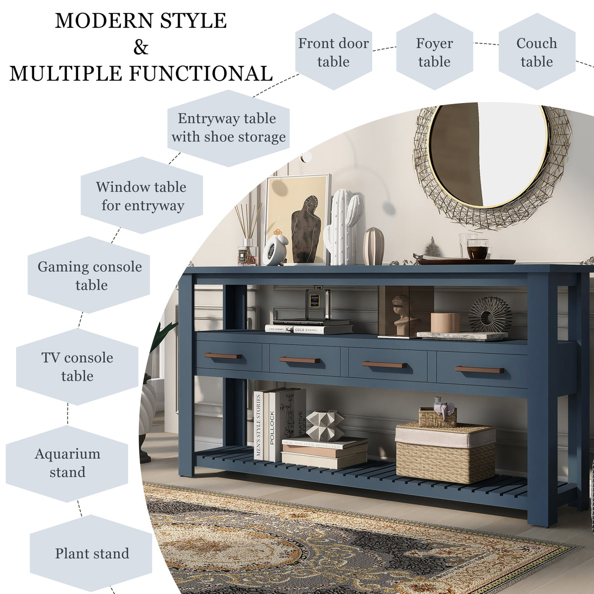 variant-group:rf-n711p410406v|Roomfitters 61.5" Entryway Table with 4 Drawers, 3-Tier Console Sofa Table with Open Shelves for Hallway, Navy Blue
