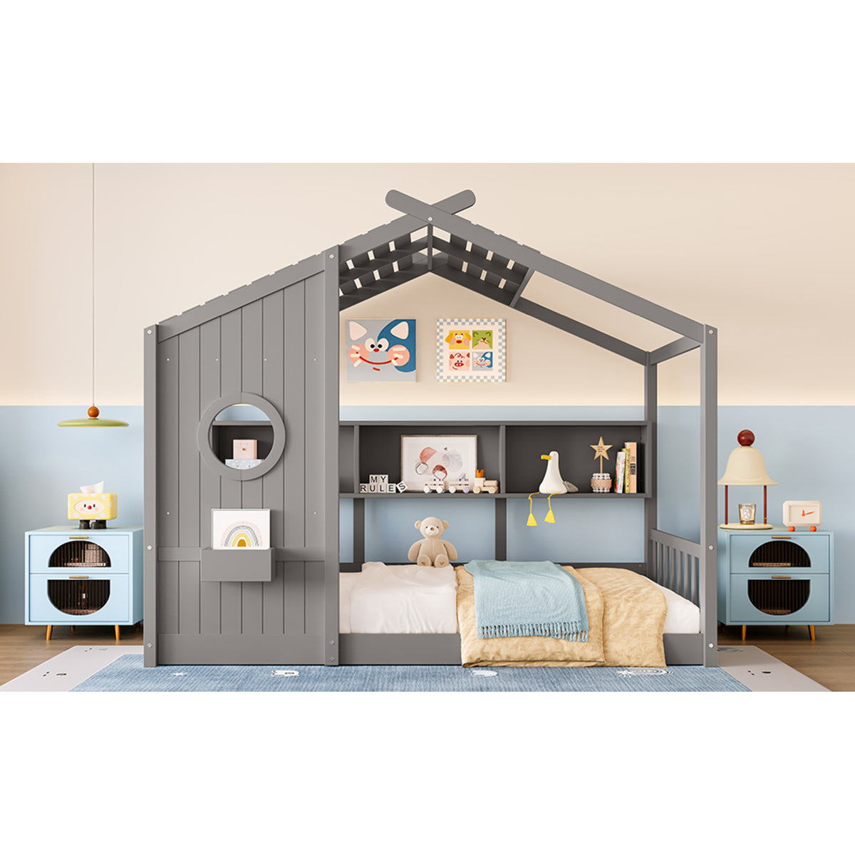 variant-group:rf-n733p335064e|Roomfitters Twin Size Floor House Bed with Storage Shelf and Roof Design, Montessori Playhouse Bed, Gray
