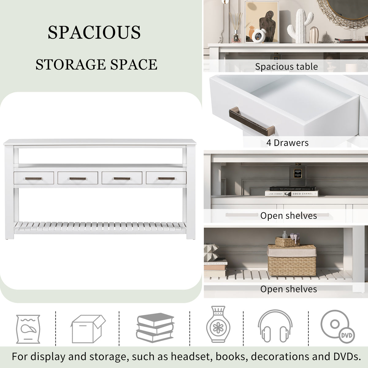 variant-group:rf-n711p410406k|Roomfitters 61.5" Entryway Table with 4 Drawers, 3-Tier Console Sofa Table with Open Shelves for Hallway, White