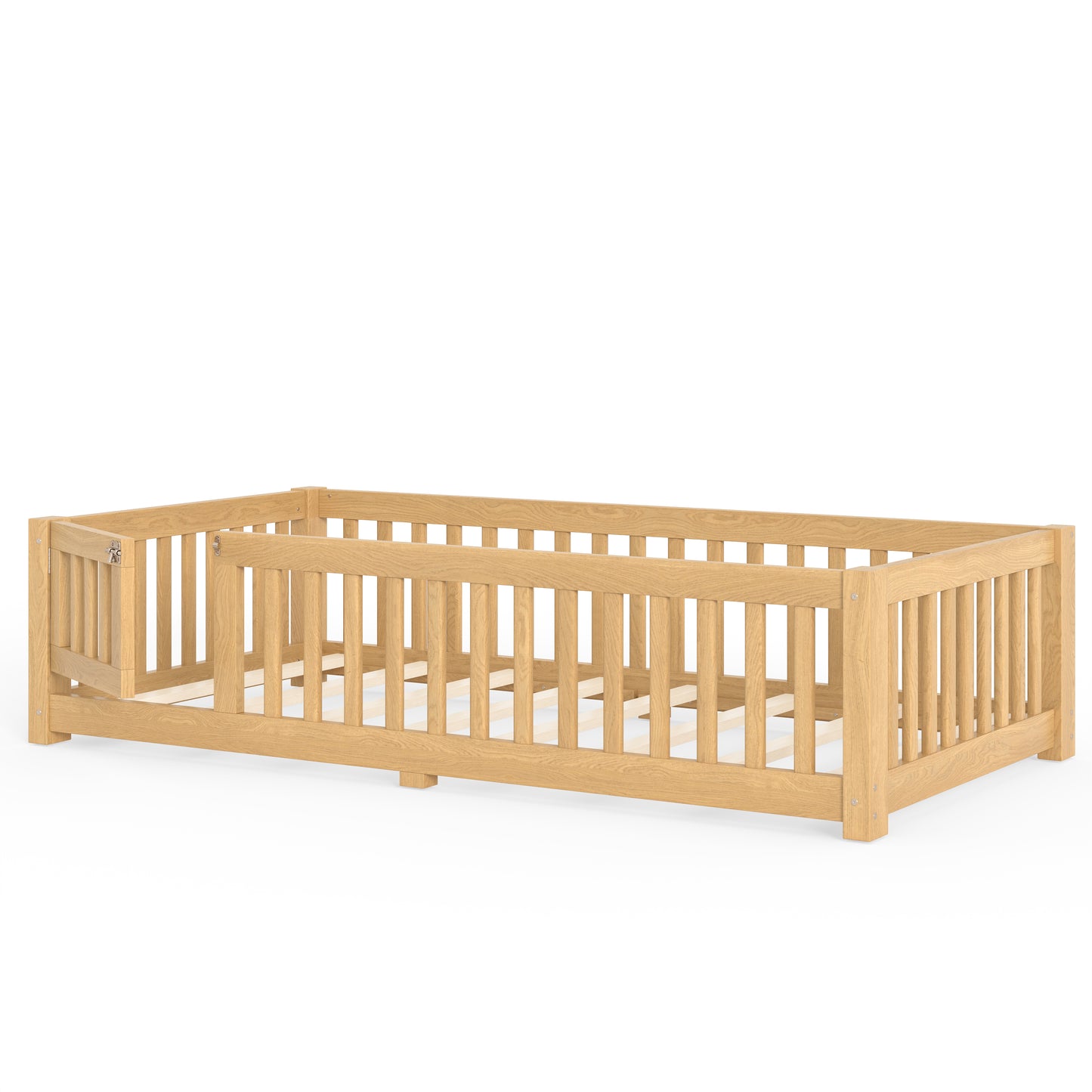variant-group:rf-w1580p462314|Roomfitters Twin Size Wooden Floor Bed Frame with Safety Guardrails Door, Solid Wood Low Profile Toddler Play Bed, Natural