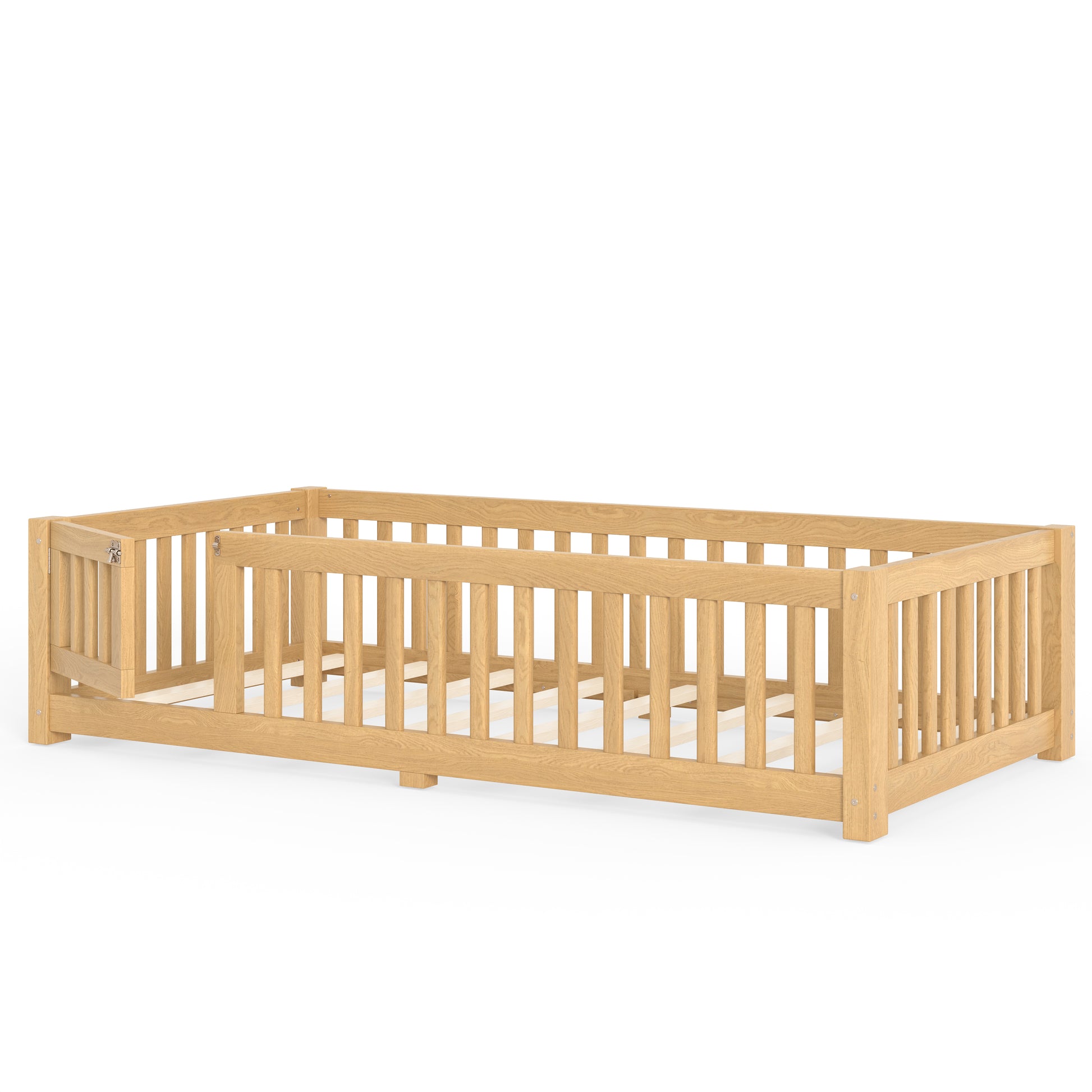 variant-group:rf-w1580p462314|Roomfitters Twin Size Wooden Floor Bed Frame with Safety Guardrails Door, Solid Wood Low Profile Toddler Play Bed, Natural