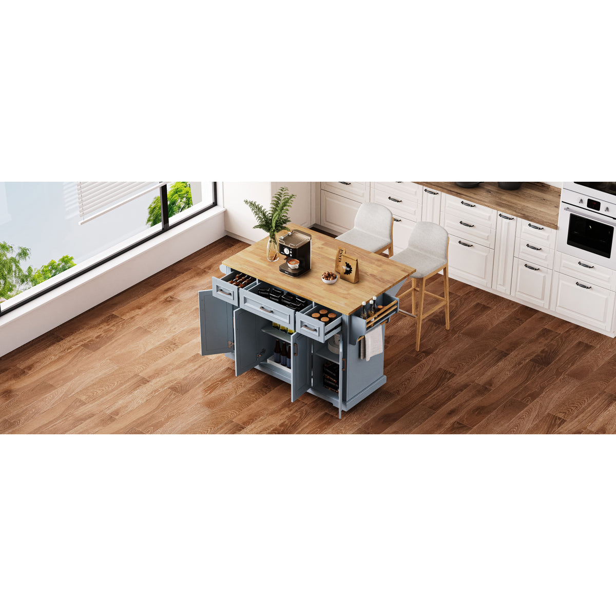 variant-group:rf-n707s195395g|Roomfitters 54" Kitchen Island with Wood Top, Rolling Storage Cabinet with 3 Drawers and 3 Doors, Spice Rack, Grey+Blue
