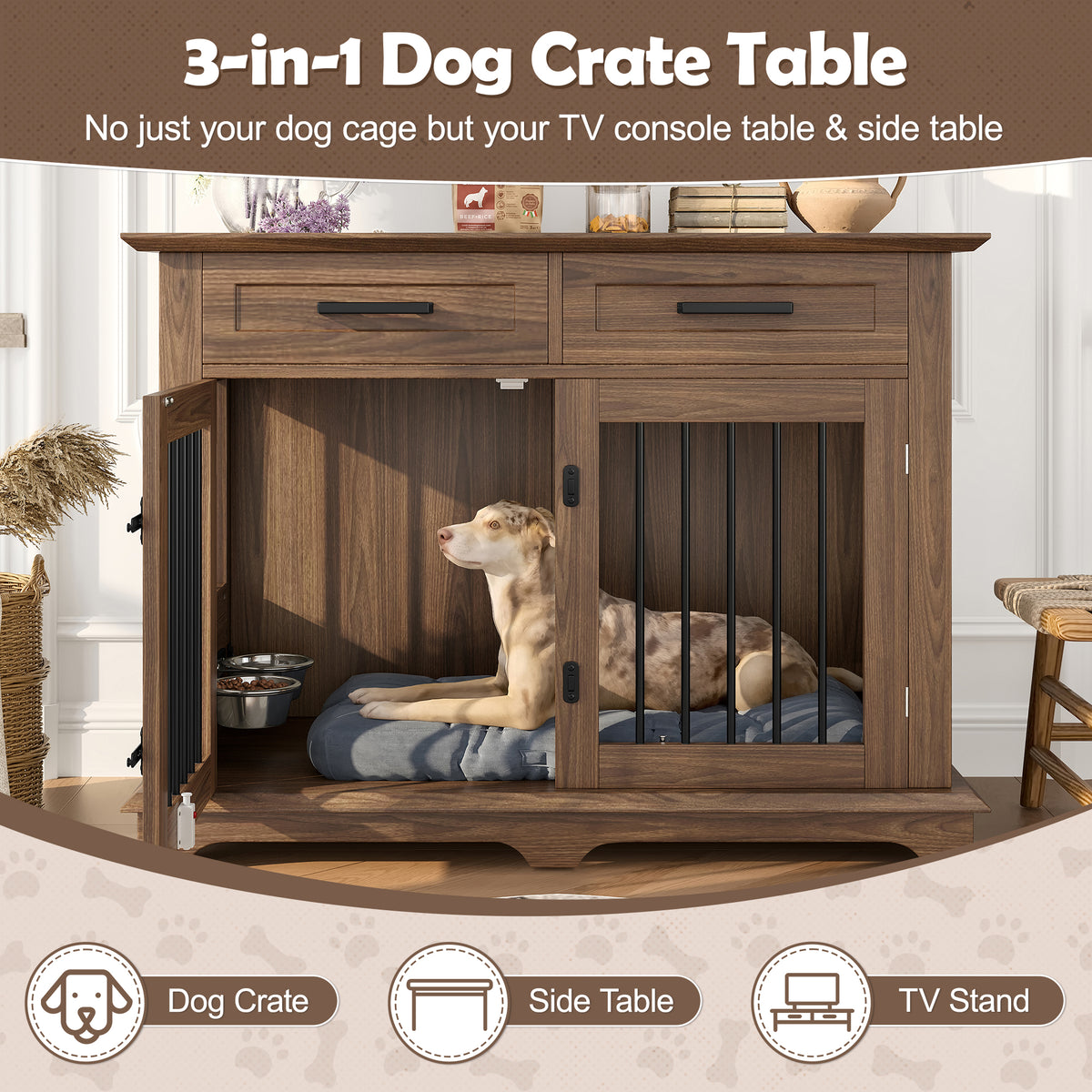 variant-group:rf-n704p379112d|Roomfitters 44-Inch Decorative Dog Crate Furniture Indoor Wooden Kennel End Table with 360 Rotating Bowls Brown