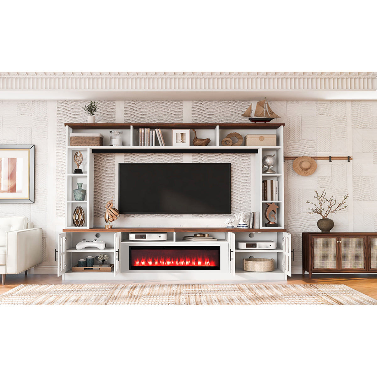 variant-group:rf-n724sj000159aak|Roomfitters 95.5"W Large Wall Unit Entertainment Center, 39" LED Fireplace, White & Walnut