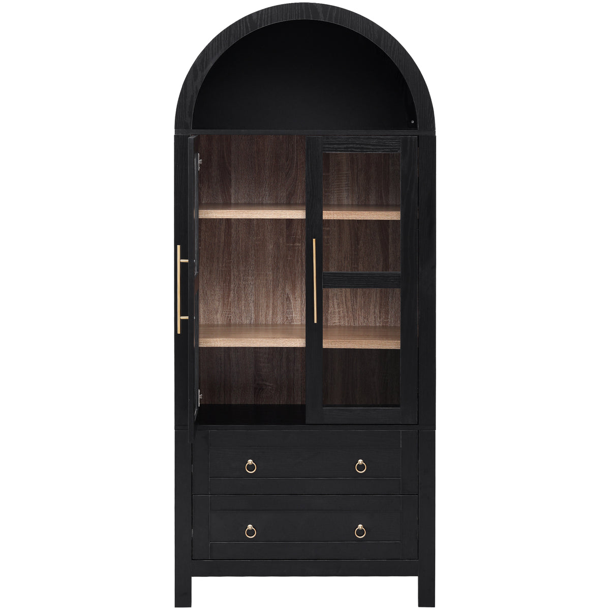 variant-group:rf-n707p288972b|Roomfitters 71" Pantry Cabinet with Arched Top and Glass Doors, 2 Storage Drawers and Adjustable Shelves for Kitchen, Black