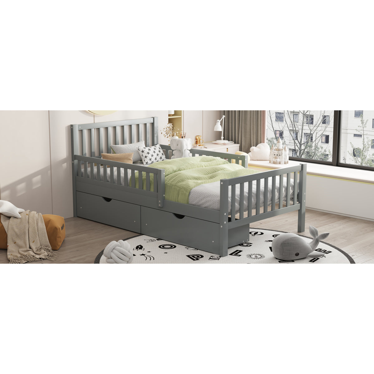 variant-group:rf-n733p172696e|Roomfitters Twin Size Wood Platform Bed with Guardrails and Two Storage Cabinets, Grey
