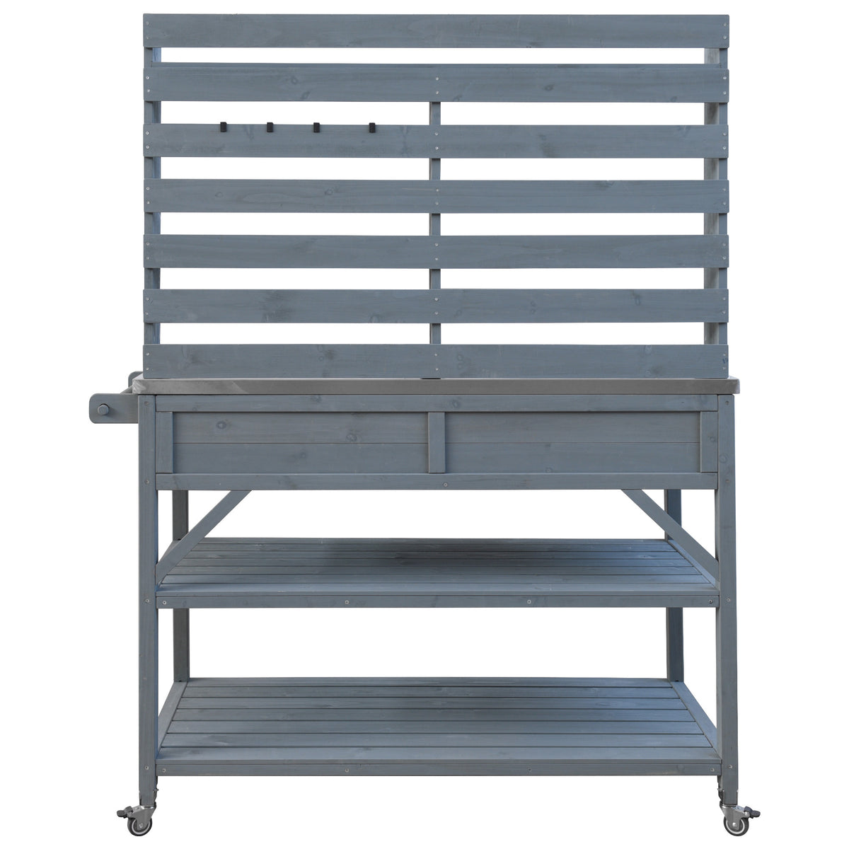 variant-group:rf-n707p228274g|Roomfitters 64.9" Outdoor Potting Bench Table, Rolling Kitchen Island with Hutch, Stainless Steel Top, Storage, Grey Blue