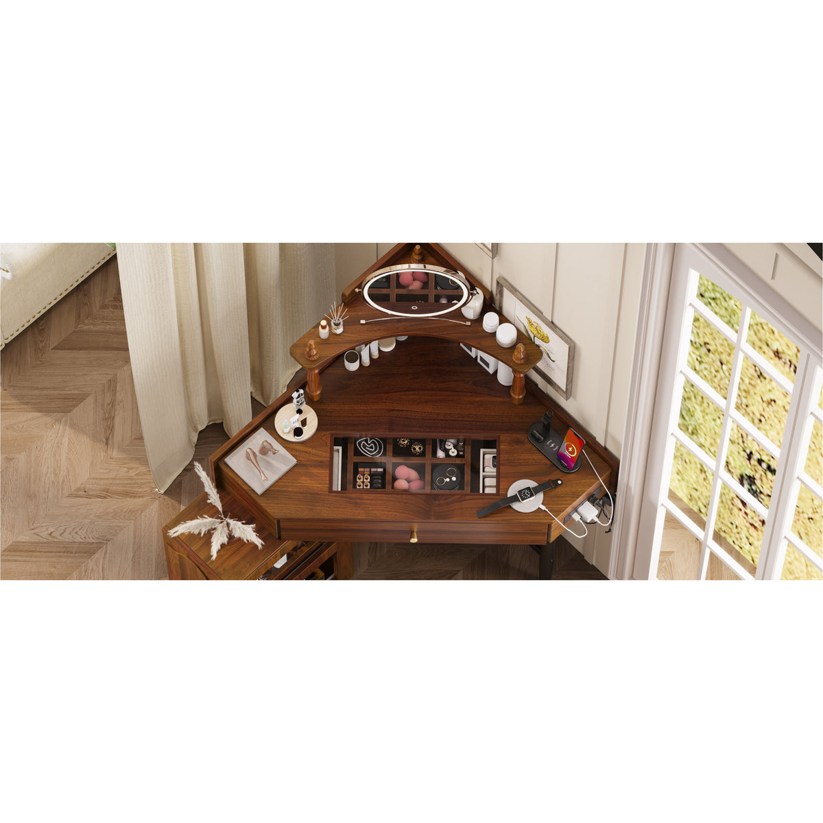 variant-group:rf-n733p336237d|Roomfitters Corner Vanity Desk Set with Stool, Charging Station, Glass Top, Drawer, Shelf, Pull-Out Cabinet, Walnut