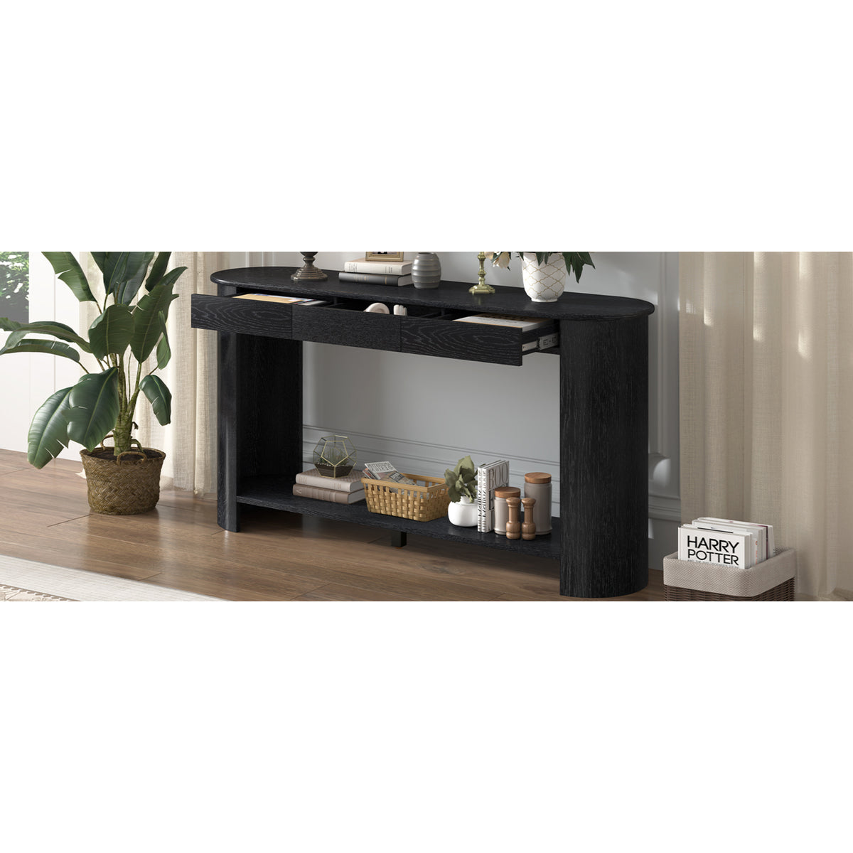 variant-group:rf-n711p395523b|Roomfitters Modern Farmhouse Black Oak Veneer Semi-Circular Console Table with 3 Drawers and Open Bottom Storage Shelf