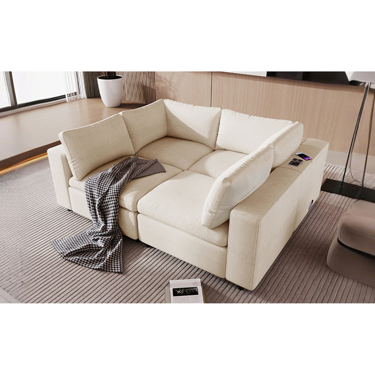 variant-group:rf-n711wy000413aaa|Roomfitters Upholstered Modular Sofa with Storage Space, USB Charging Ports, Wireless Charging, Built-in Bluetooth Speaker, Sectional Sofa for Living Room and Apartment, Beige