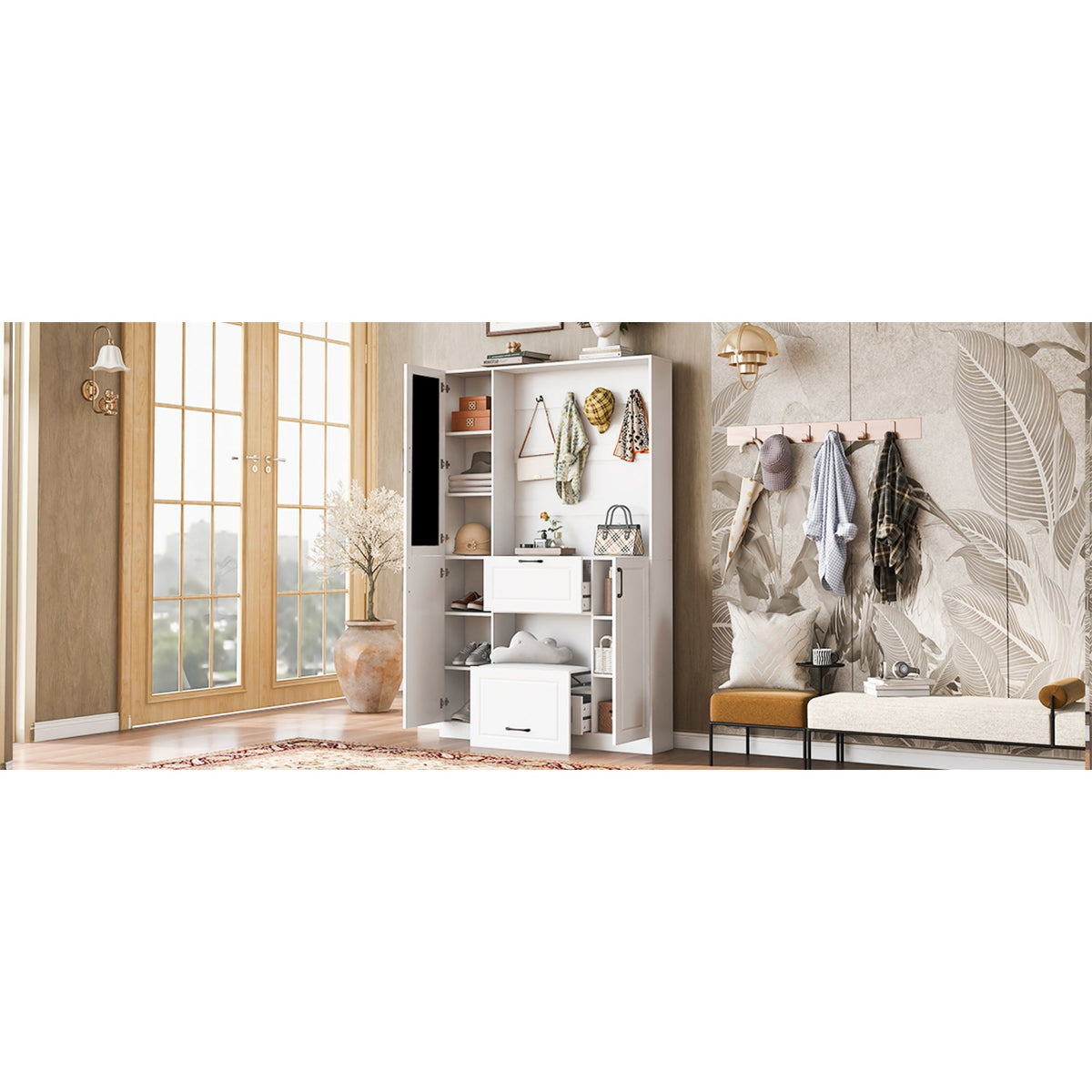 Roomfitters Entryway Bench with Shoe Cabinet and Mirror Door, Foldable Seat and 4 Hooks, White Roomfitters