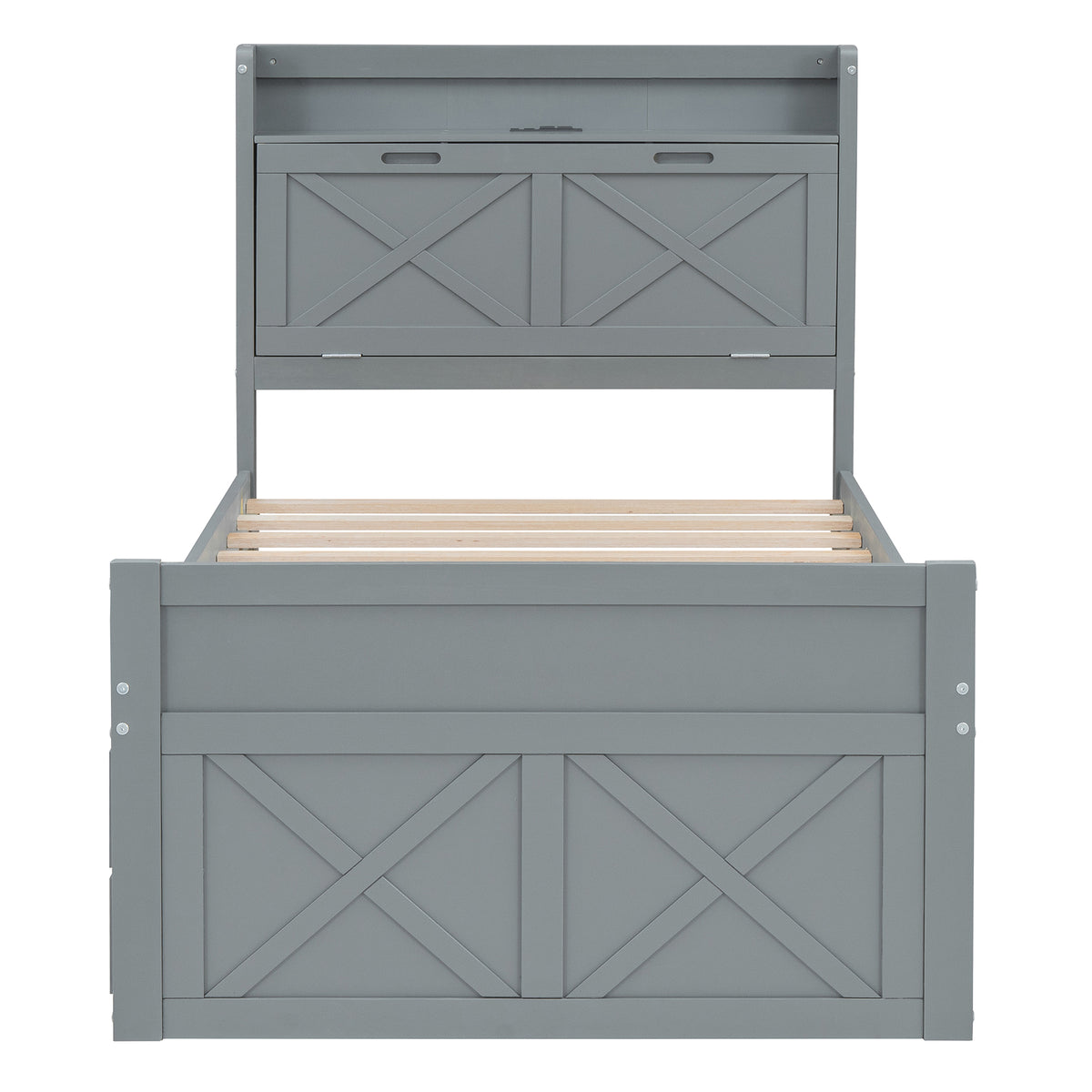 variant-group:rf-n733s172839e|Roomfitters Twin Size Wooden Bed with Storage Headboard, Convenient Outlets, Extendable Frame with Twin Trundle and Ample Storage, Gray