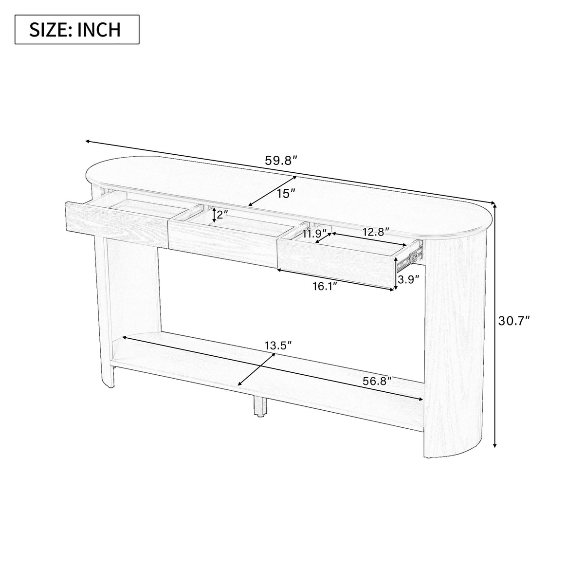 variant-group:rf-n711p395523c|Roomfitters Modern Farmhouse Navy Blue Oak Veneer Semi-Circular Console Table with 3 Drawers and Open Bottom Storage Shelf