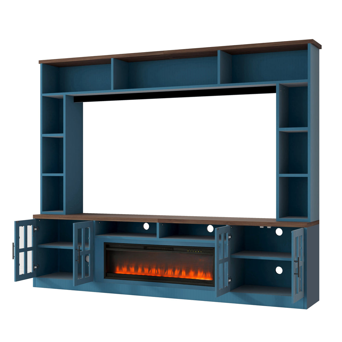 Roomfitters 95.5"W Large Wall Unit Entertainment Center, 39" LED Fireplace, Navy Blue Roomfitters