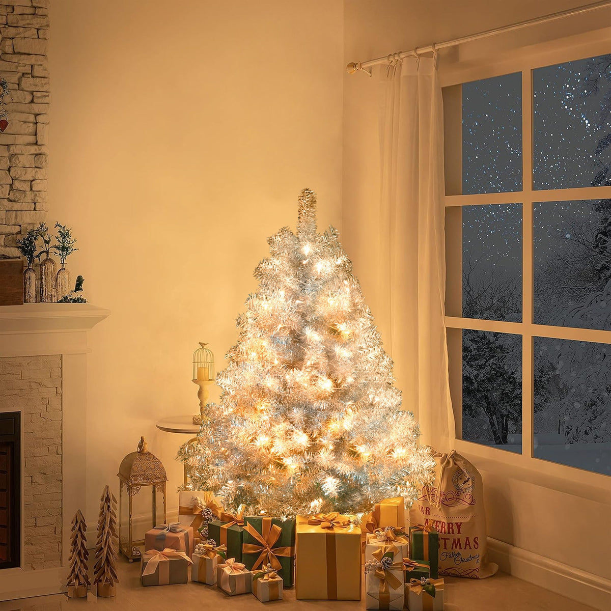 Roomfitters Pre-Lit Artificial Christmas Tree 4FT, Full Hinged Holiday Tree with Metal Stand, Warm Lights, 400 Tips, Silver Roomfitters