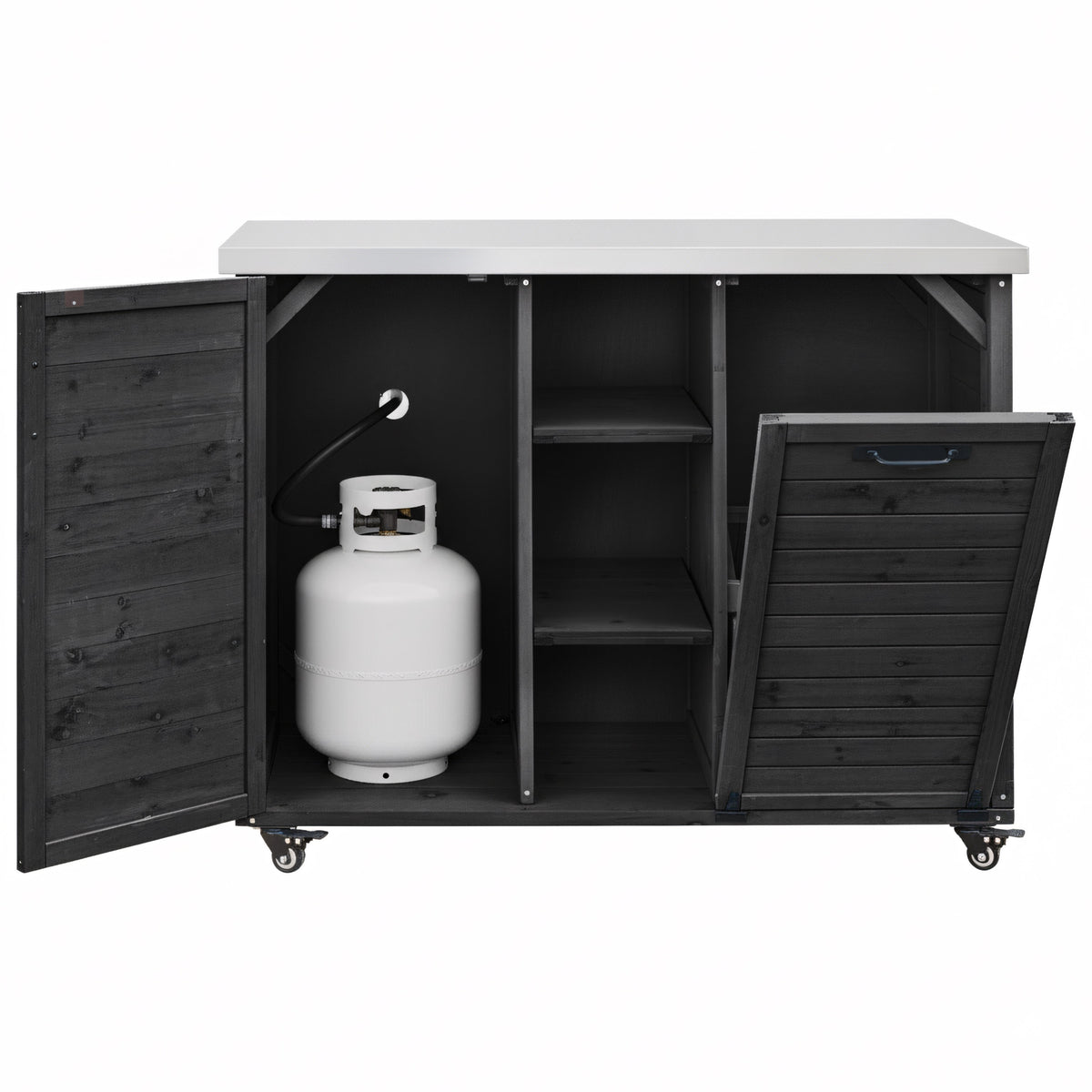 variant-group:rf-n707p370276b|Roomfitters 78.3" Outdoor Kitchen Island with Foldable Grill Table, Stainless Steel Top & Tilt Trash Can Storage, Black