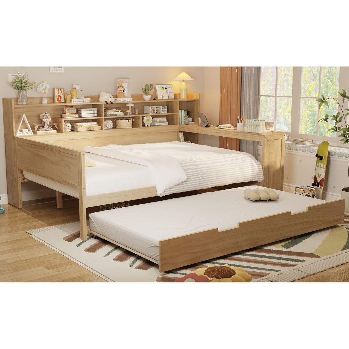 variant-group:rf-n733s373391m|Roomfitters Full Daybed with Twin Trundle, Storage Shelves and Desk, Wooden Multi-Functional Bed, Natural
