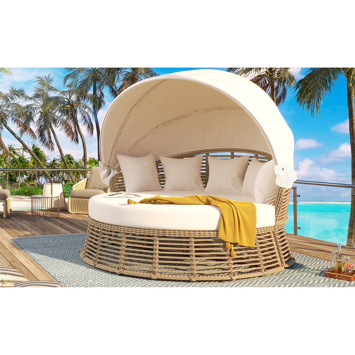 Roomfitters Outdoor Patio Rattan Round Daybed with Retractable Canopy and Removable Wicker Sectional Cushions Roomfitters