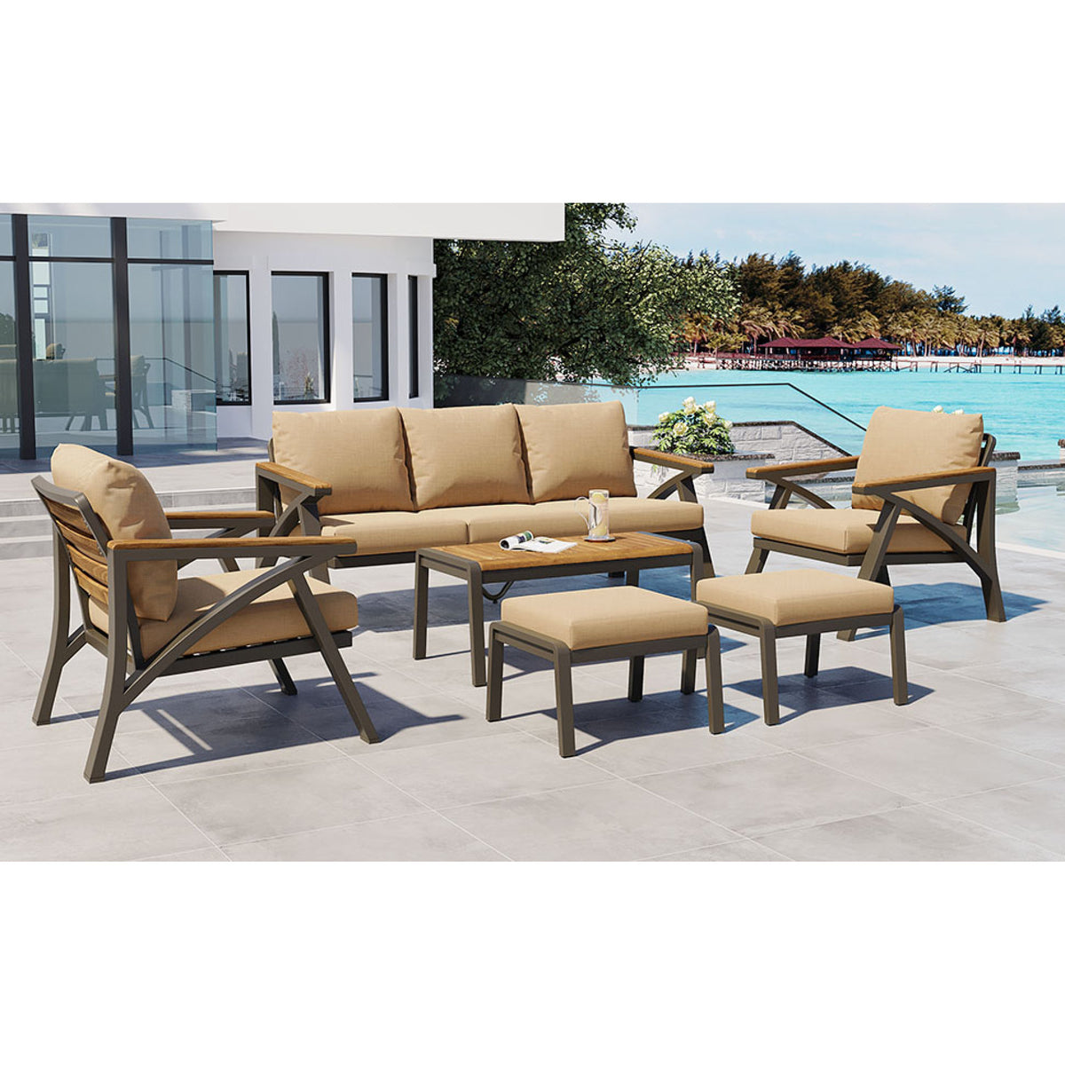 variant-group:rf-n704g201256d|Roomfitters 6-Piece Steel Conversation Set with 3-Seat Sofa Multi-Functional Ottomans and Acacia Wood Table Brown