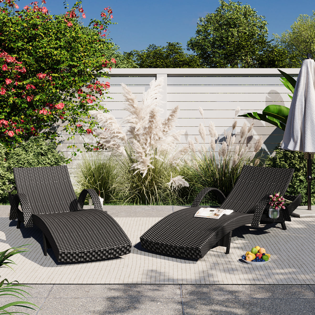 variant-group:rf-n707wf321204aab|Roomfitters 80" Outdoor Wicker Chaise Lounge Chairs, Set of 2, Reclining Patio Chairs with Pull-Out Table, Black