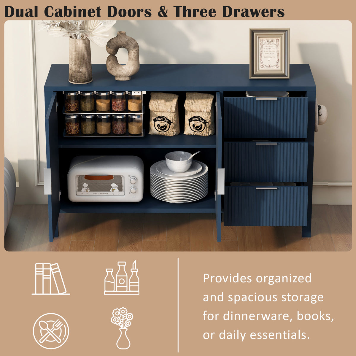 variant-group:rf-n711p345172v|Roomfitters Sideboard Buffet Cabinet with 3 Drawers, 2 Door Mid-century Fluted Accent Storage for Kitchen & Dining, Navy Blue
