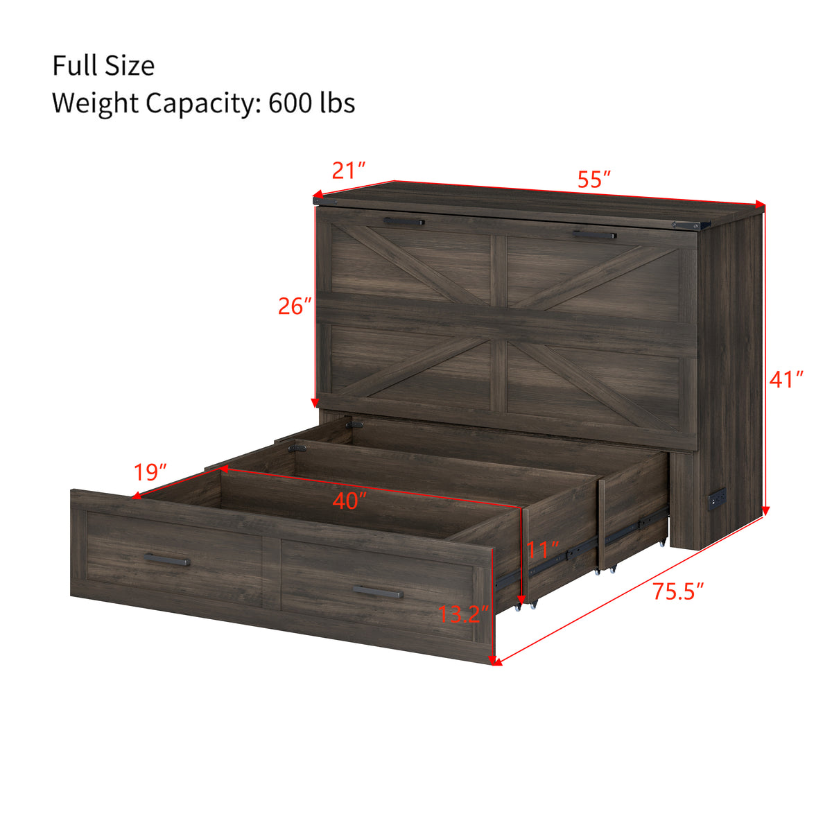 variant-group:rf-n733s237853g|Roomfitters Full Size Farmhouse Murphy Cabinet Bed with Charging Station, Foldable Platform Bed with Large Storage for Guest Room, Small Bedroom, Rustic Gray