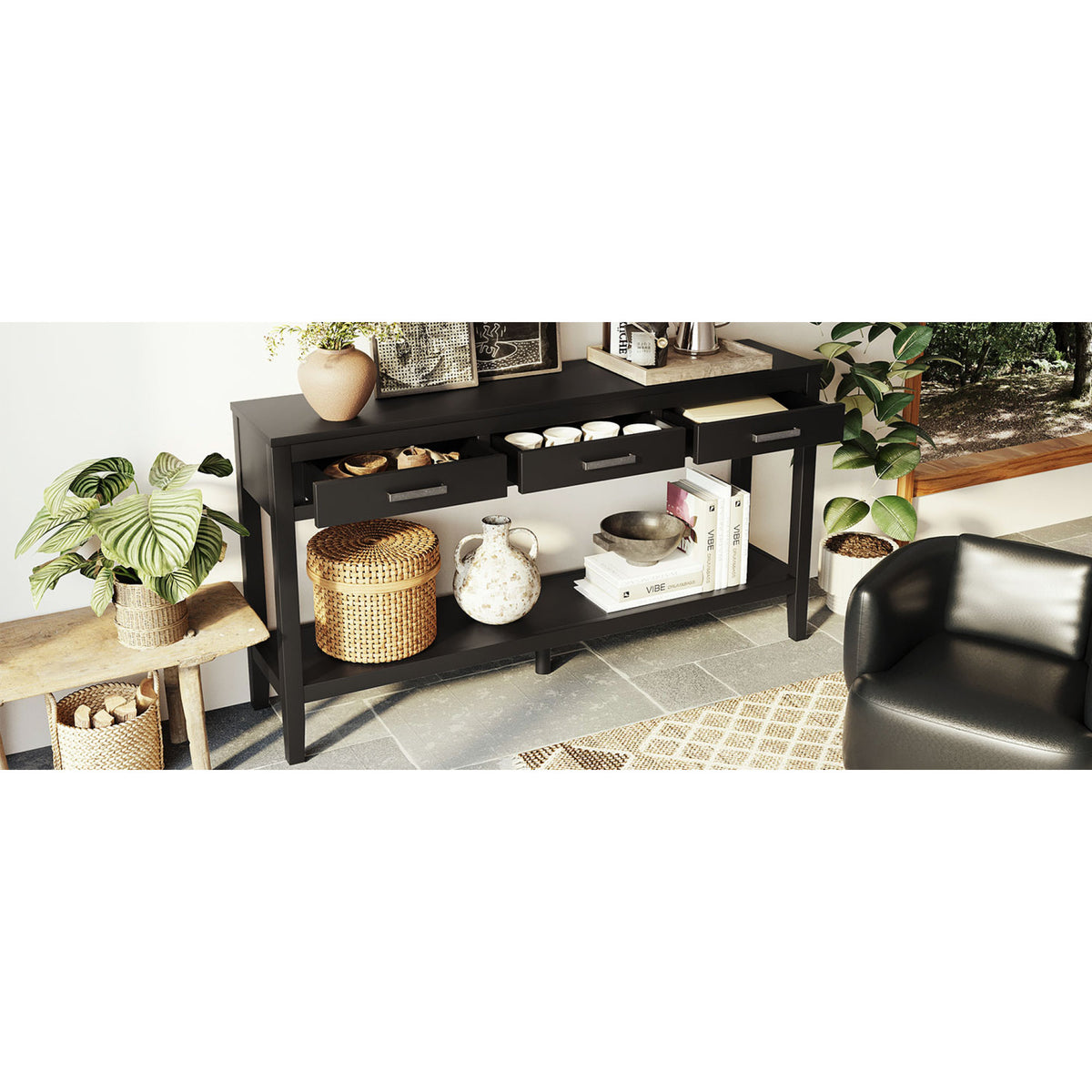 variant-group:rf-n711p410445b|Roomfitters 59.1" Farmhouse Entryway Table with 3 Drawers, Slim Console Sofa Table with Open Shelf for Hallway, Black