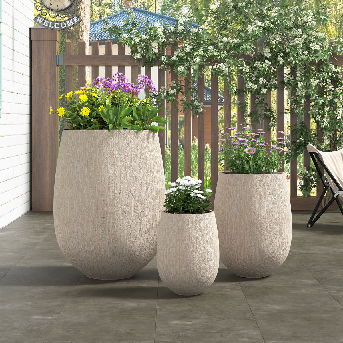 variant-group:rf-n711p406659a|Roomfitters Modern Egg-Shaped MGO Planter Set, 3-Piece Textured Faux Stone Flower Pots, Beige Patio Garden Urns