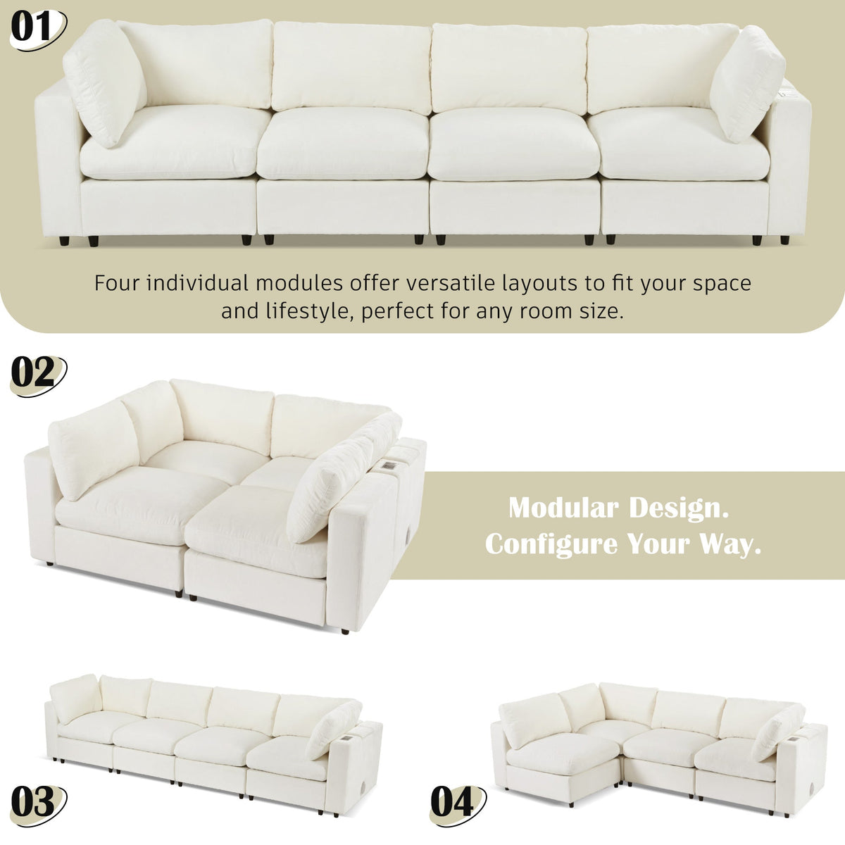 Roomfitters Upholstered Modular Sofa with Storage, 4-Seater Chenille Sectional, Smart Charging Hub, Bluetooth Speaker Roomfitters