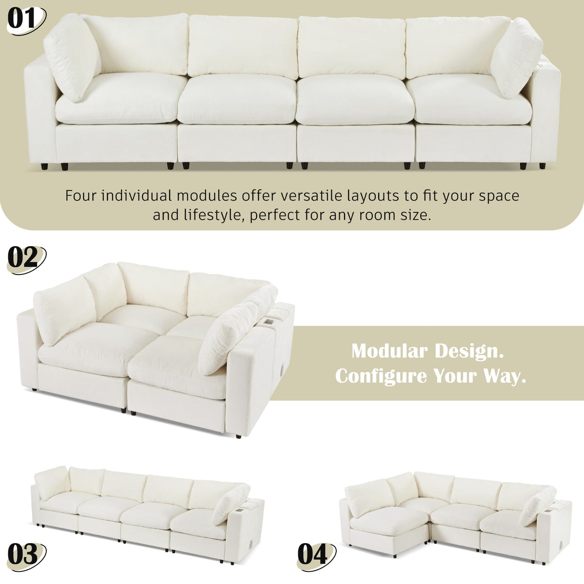 Roomfitters 133.5" Upholstered Modular Sectional Sofa with Storage Space and Built-in USB Charging for Living Room, Beige Roomfitters