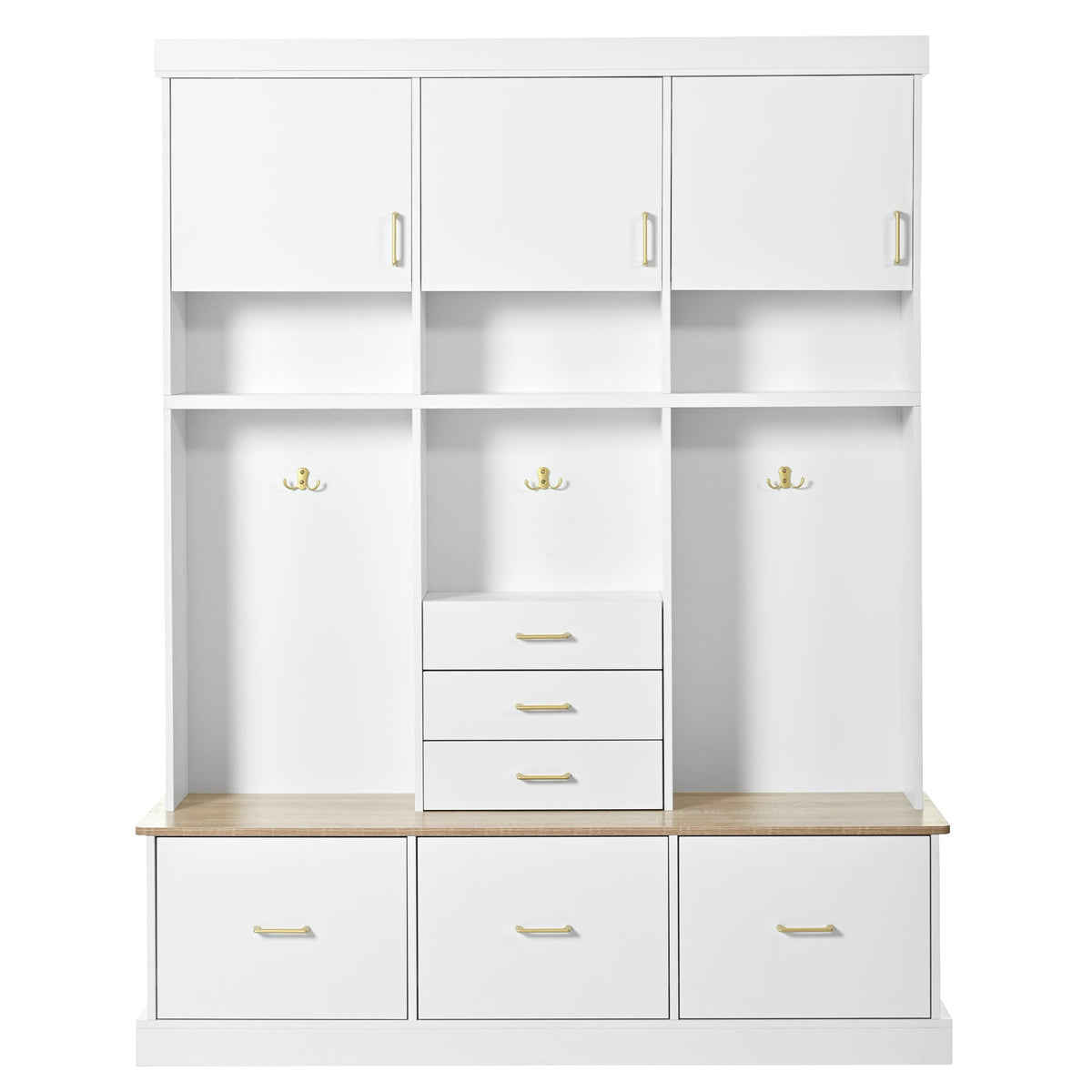 Roomfitters 5-in-1 Modern Entryway Hall Tree, 6 Drawers, 3 Wardrobe Cupboards, White Roomfitters