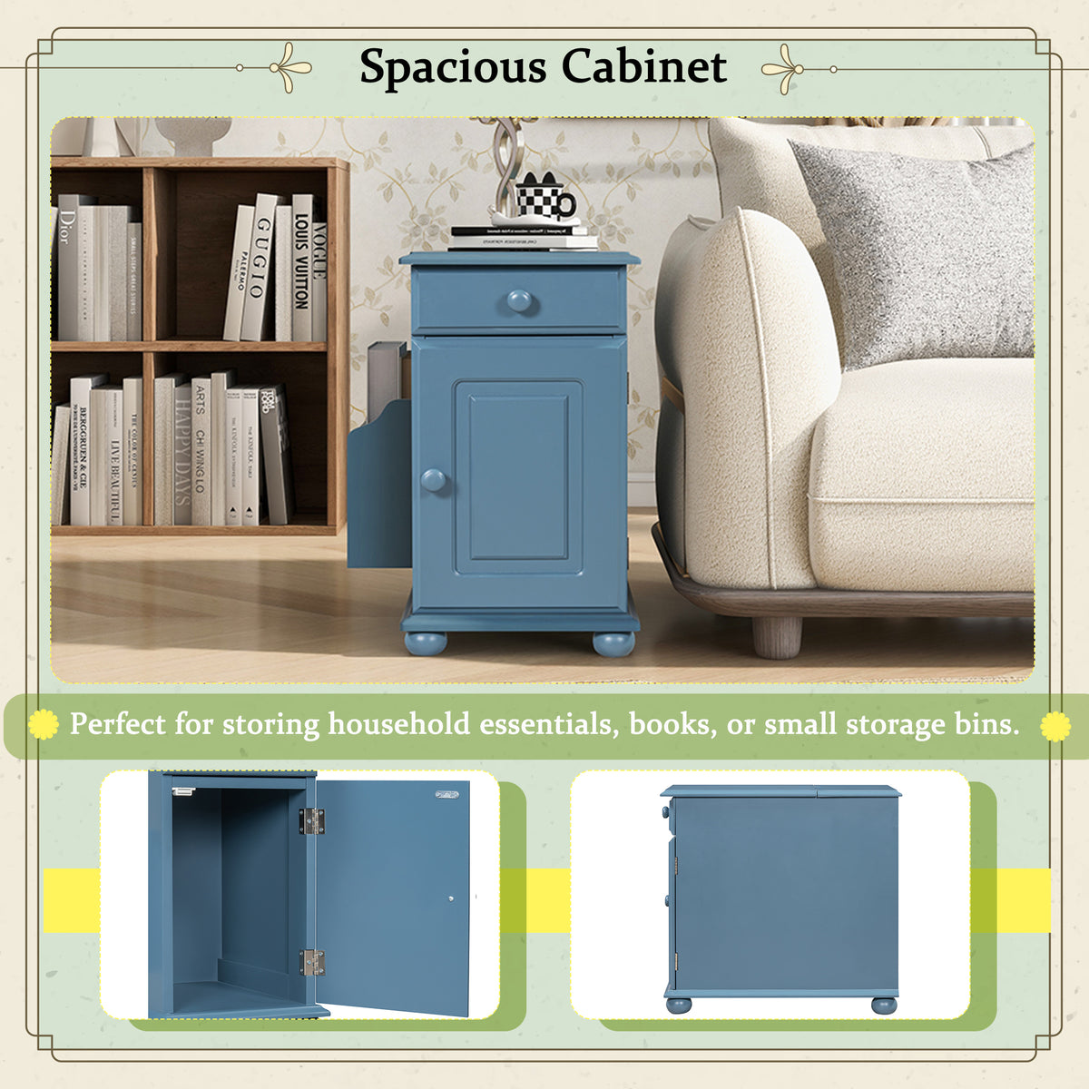 variant-group:rf-n724p293133m|Roomfitters Vintage Sofa Side Table with USB Ports, Flip Top, Cup Holders and Bookshelf Storage for Small Spaces, Navy Blue