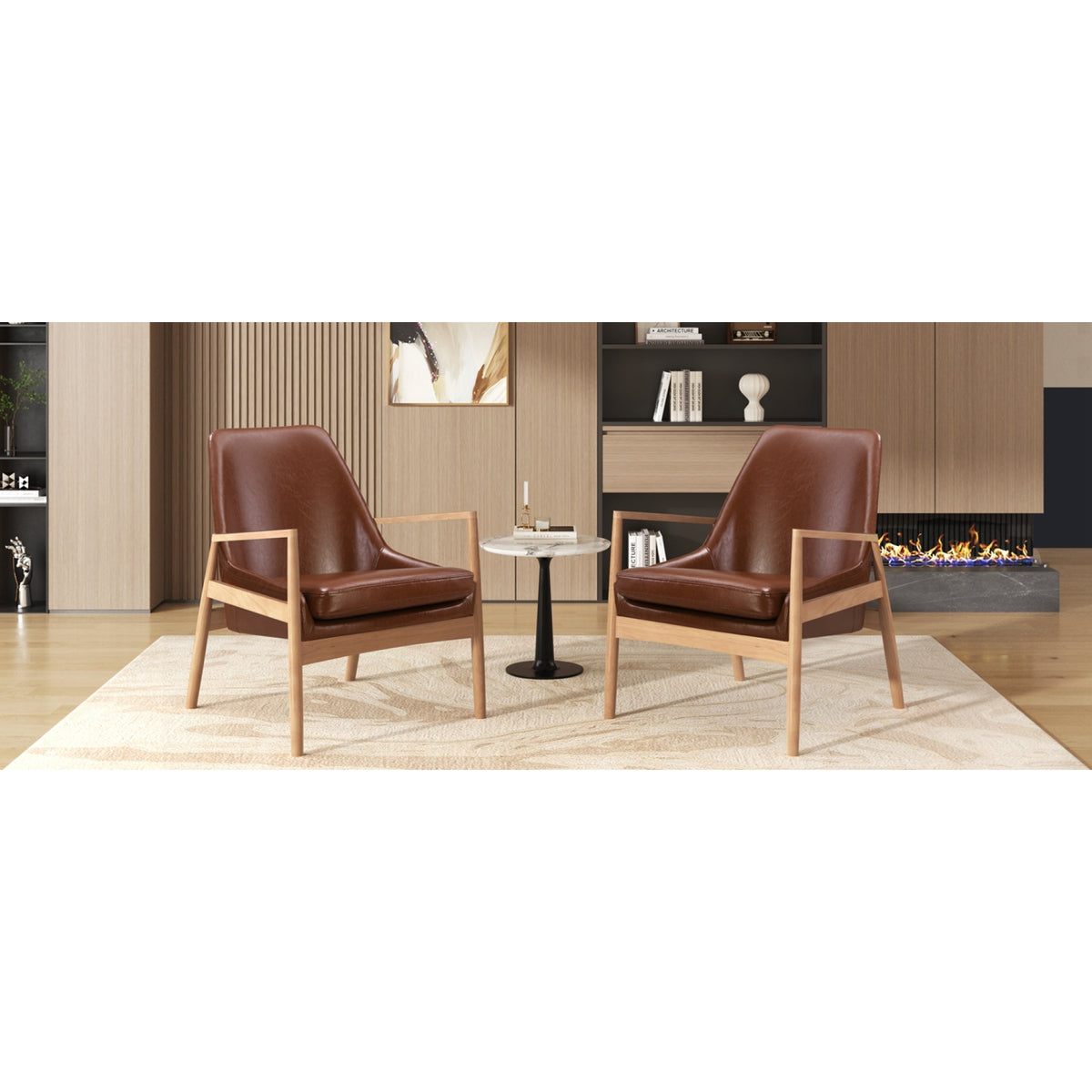 variant-group:rf-n724sj000145aad|Roomfitters PU Leather Mid-Century Accent Chairs with Solid Wood Frame and High Backrest, Set of 2, Brown