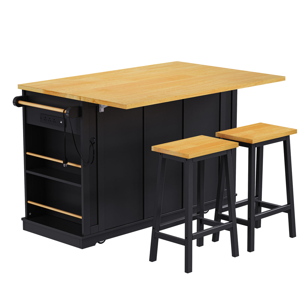 variant-group:rf-n707s003007b|Roomfitters 53" Kitchen Island with 2 Bar Stools, Drop Leaf, Power Outlet, Rolling Kitchen Cart Set with Storage, Black