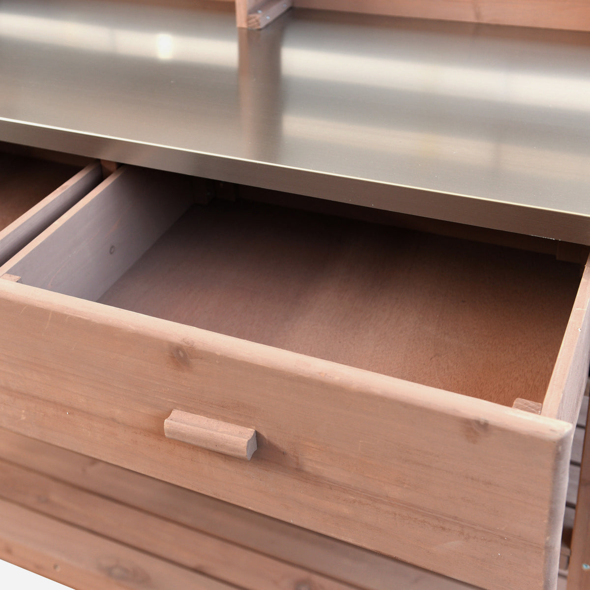 variant-group:rf-n707p228274z|Roomfitters 64.9" Outdoor Potting Bench Table, Rolling Kitchen Island with Hutch, Stainless Steel Top, Storage, Brown